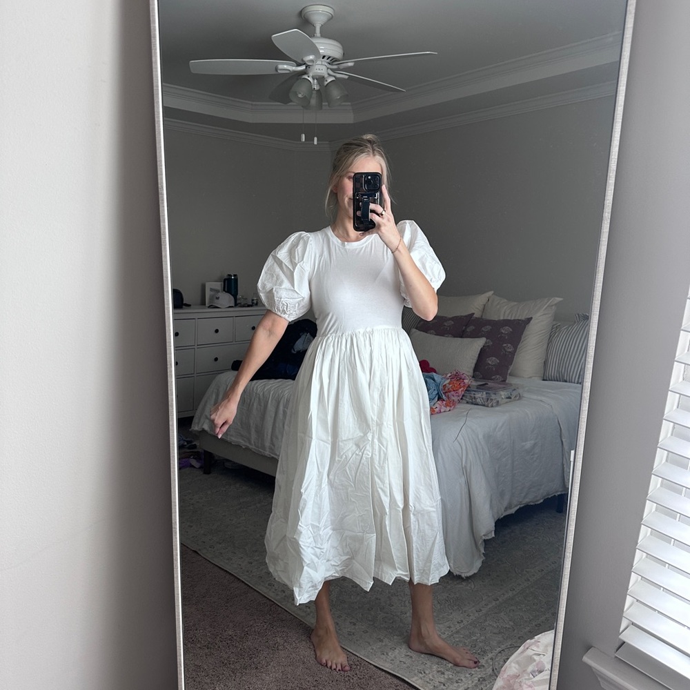 En Saison White Puff Sleeve Midi Sundress